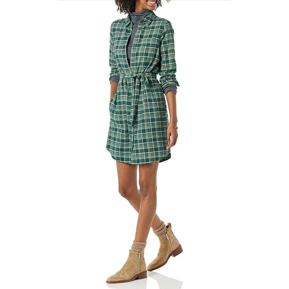Goodthreads Women's Brushed Flannel Relaxed-Fit Belted Shirt Dress M